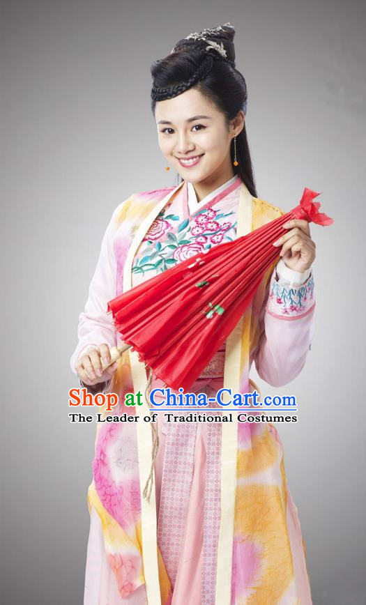 Traditional Chinese Handmade Ming Dynasty Young Lady Embroidery Costume and Headpiece Complete Set, Chinese Swordswoman Hanfu Dress