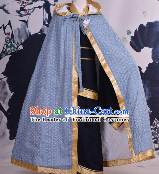 Traditional Ancient Chinese Costume Han Dynasty Prince Cloak, Elegant Hanfu Clothing Chinese Swordsman Blue Cape Clothing for Men