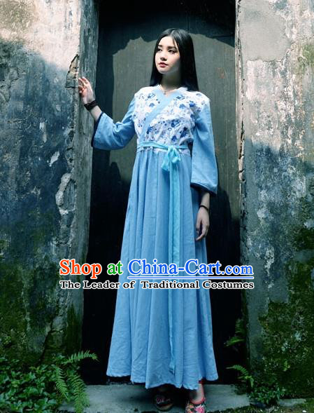 Traditional Chinese Han Dynasty Young Lady Hanfu Costume, China Ancient Princess Blue Dress Clothing for Women