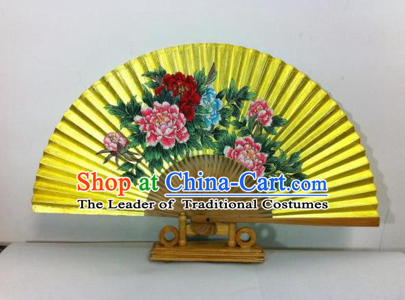 Traditional Chinese Crafts Peking Opera Folding Fan China Sensu Hand Painting Peony Chinese Xuan Paper Golden Paint Fan for Women
