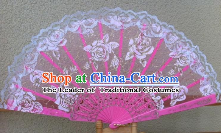Traditional Chinese Crafts Peking Opera Folding Fan China Sensu Handmade Rose Chinese Dance Pink Lace Fan for Women