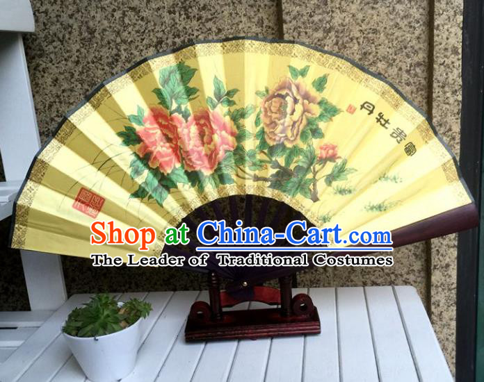 Traditional Chinese Crafts Peking Opera Folding Fan China Sensu Handmade Chinese Painting Peony Xuan Paper Fan for Men