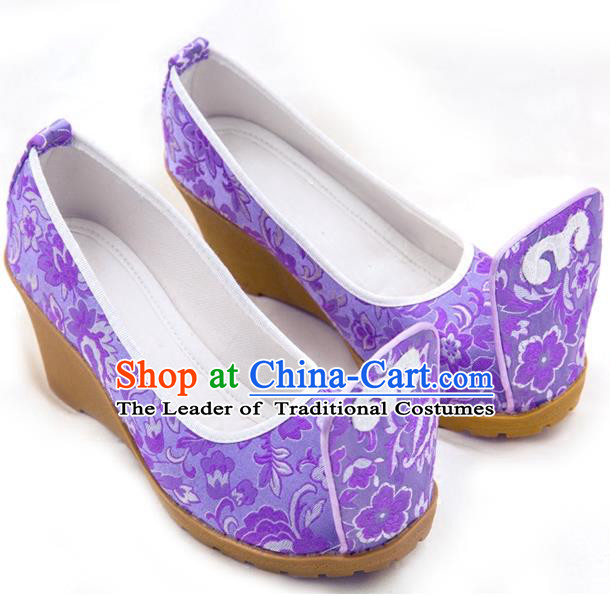 Traditional Chinese Ancient Wedding Cloth Shoes, China Princess Shoes Hanfu Handmade Embroidery Purple Become Warped Head Shoe for Women