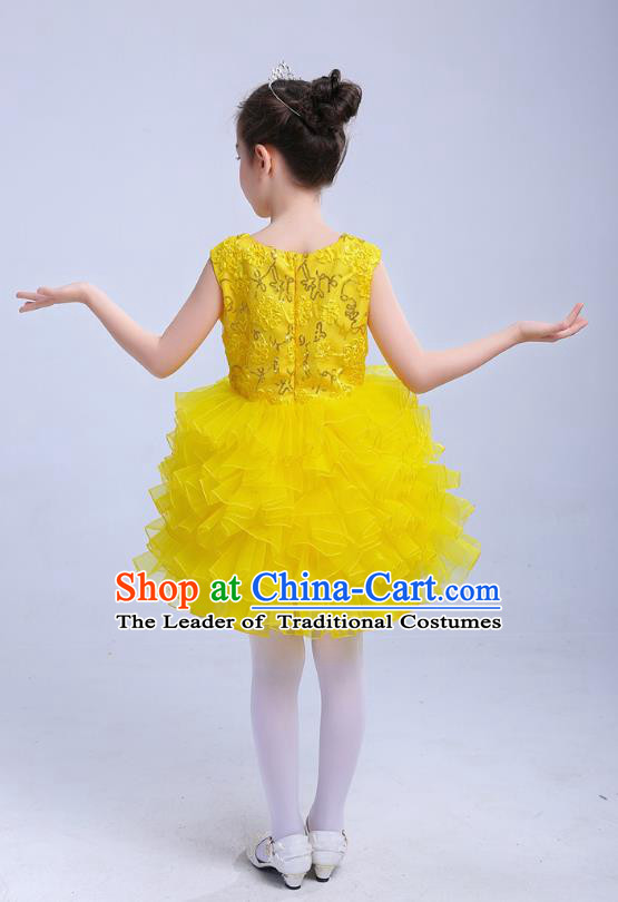 Top Grade Chinese Compere Professional Performance Catwalks Costume, Children Princess Bubble Yellow Full Dress Modern Dance Dress for Girls Kids
