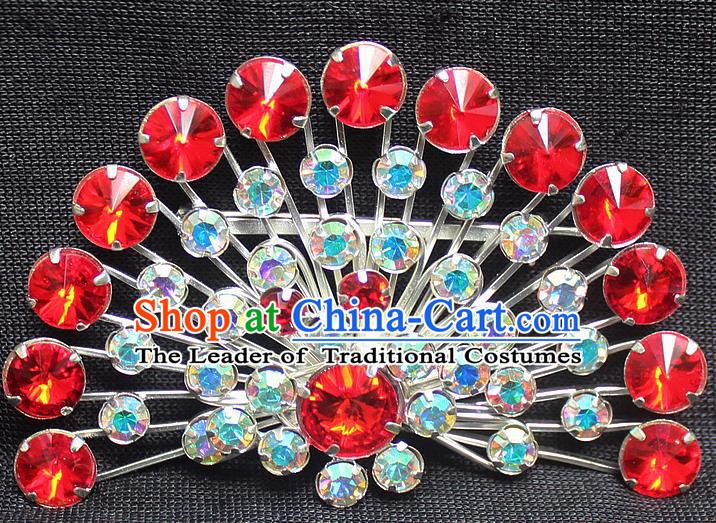 Traditional China Beijing Opera Young Lady Jewelry Accessories Collar Brooch, Ancient Chinese Peking Opera Hua Tan Diva Colorful Red Crystal Fanshaped Breastpin