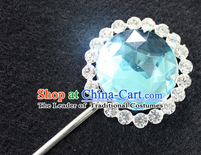 Traditional China Beijing Opera Young Lady Hair Accessories Blue Crystal Hairpin, Ancient Chinese Peking Opera Hua Tan Headwear Diva Hairpins