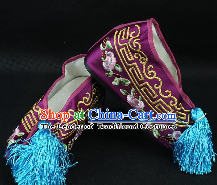 Traditional China Beijing Opera Hua Tan Diva Embroidered Shoes, Ancient Chinese Peking Opera Young Lady Princess Purple Blood Stained Shoes