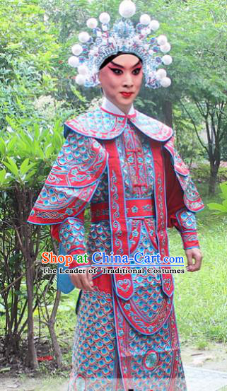 Traditional China Beijing Opera Costume Yang Warrior Robe and Headwear Complete Set, Ancient Chinese Peking Opera Soldier Red Gwanbok Clothing