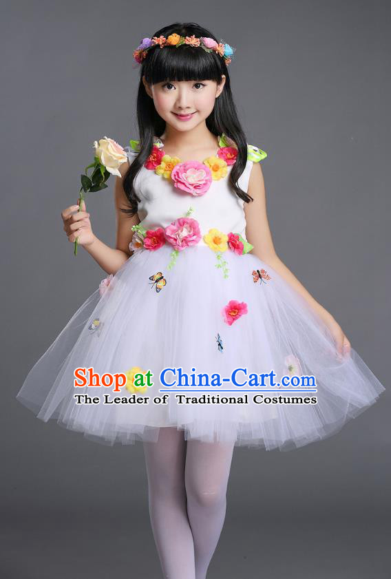 Top Grade Chinese Compere Professional Performance Catwalks Costume, Children Princess Bubble Veil Full Dress Modern Dance White Dress for Girls Kids