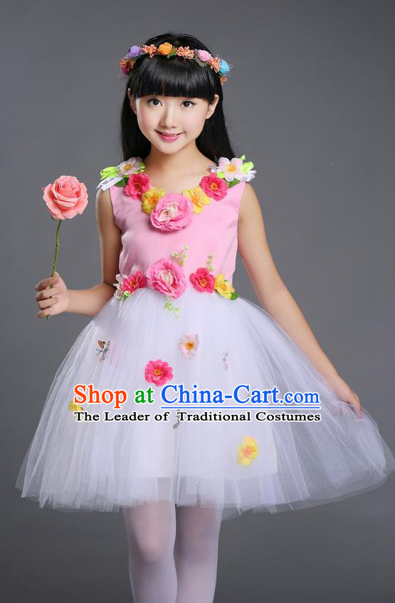 Top Grade Chinese Compere Professional Performance Catwalks Costume, Children Princess Bubble Veil Full Dress Modern Dance Pink Dress for Girls Kids