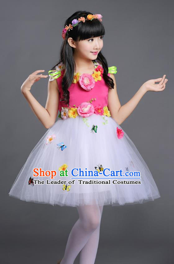 Top Grade Chinese Compere Professional Performance Catwalks Costume, Children Princess Bubble Veil Full Dress Modern Dance Rosy Dress for Girls Kids