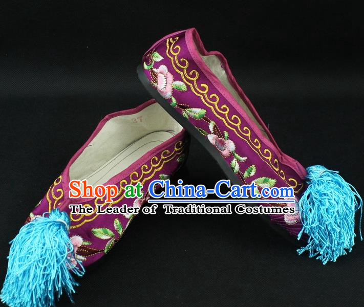 Traditional China Beijing Opera Hua Tan Embroidered Purple Shoes, Ancient Chinese Peking Opera Young Lady Diva Princess Blood Stained Shoes