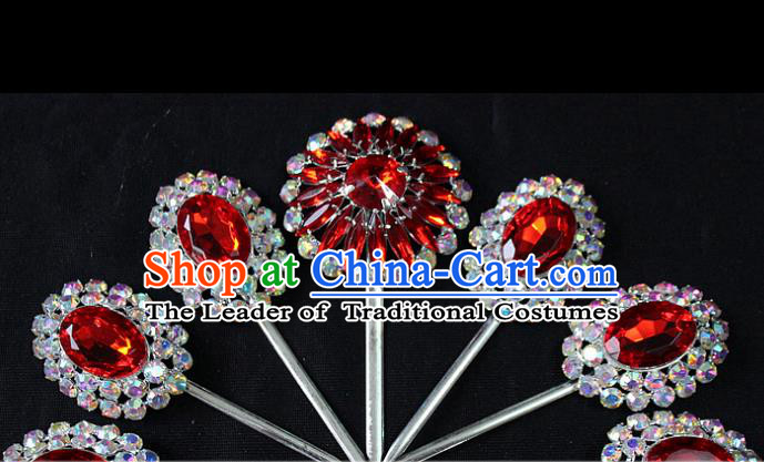 Traditional China Beijing Opera Young Lady Hair Accessories, Ancient Chinese Peking Opera Hua Tan Headwear Diva Red Crystal Hairpins