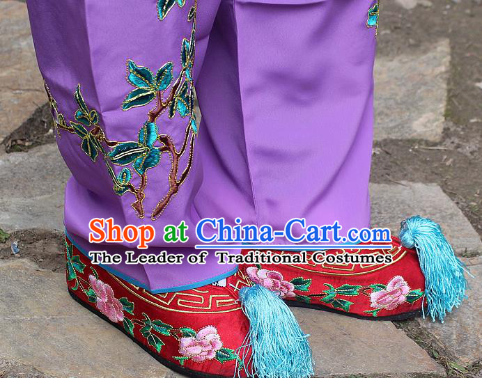 Traditional China Beijing Opera Hua Tan Embroidered Red Shoes, Ancient Chinese Peking Opera Young Lady Diva Princess Embroidery Blood Stained Shoes