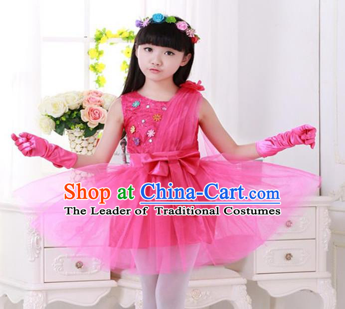 Top Grade Chinese Compere Professional Performance Catwalks Costume, Children Princess Rosy Veil Bubble Dress Modern Dance Dress for Girls Kids