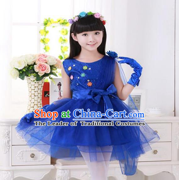 Top Grade Chinese Compere Professional Performance Catwalks Costume, Children Princess Deep Blue Veil Bubble Dress Modern Dance Dress for Girls Kids