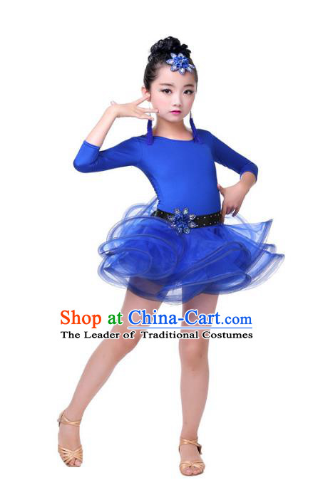 Top Grade Chinese Compere Professional Performance Catwalks Costume, Children Blue Bubble Dress Modern Latin Dance Dress for Girls Kids