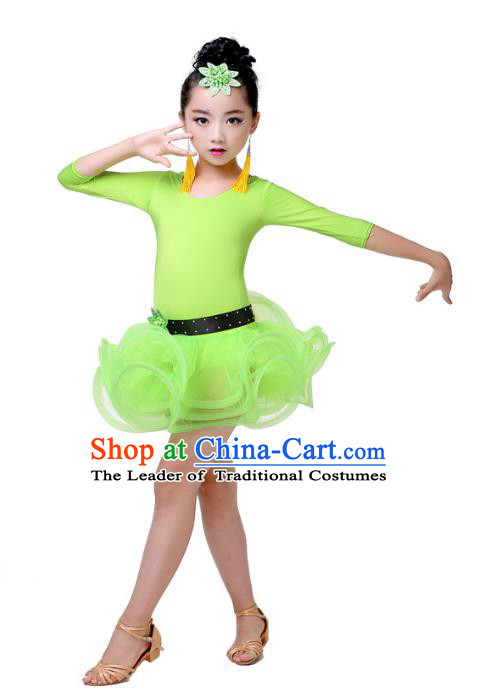 Top Grade Chinese Compere Professional Performance Catwalks Costume, Children Green Bubble Dress Modern Latin Dance Dress for Girls Kids