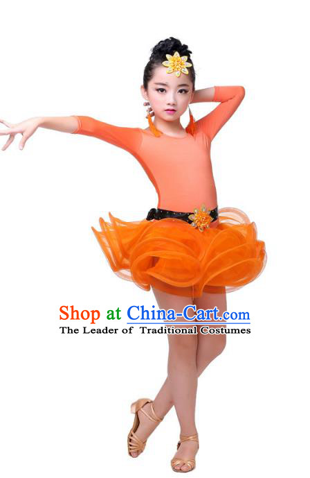 Top Grade Chinese Compere Professional Performance Catwalks Costume, Children Orange Bubble Dress Modern Latin Dance Dress for Girls Kids