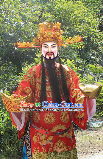 Traditional China Beijing Opera Top Grade Costume God of Wealth Embroidered Robe and Headwear Complete Set, Ancient Chinese Peking Opera Gwanbok Clothing