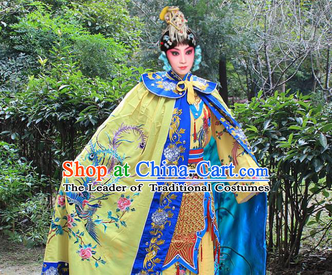 Traditional China Beijing Opera Young Lady Costume Diva Embroidered Phoenix Yellow Cloak, Ancient Chinese Peking Opera Hua Tan Embroidery Cape Clothing