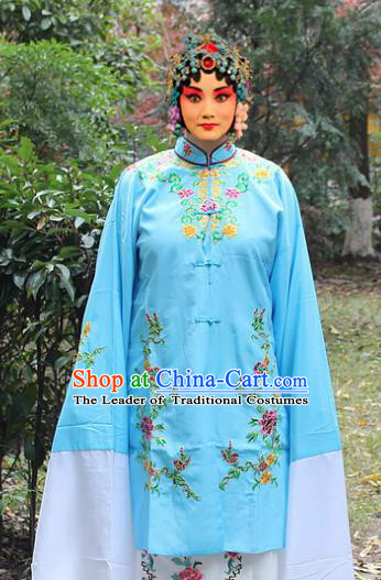 Traditional China Beijing Opera Young Lady Hua Tan Costume Blue Embroidered Cape, Ancient Chinese Peking Opera Female Diva Embroidery Dress Clothing