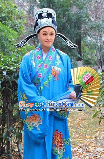 Traditional China Beijing Opera Niche Costume Scholar Blue Embroidered Robe and Hat, Ancient Chinese Peking Opera Embroidery Chrysanthemum Clothing