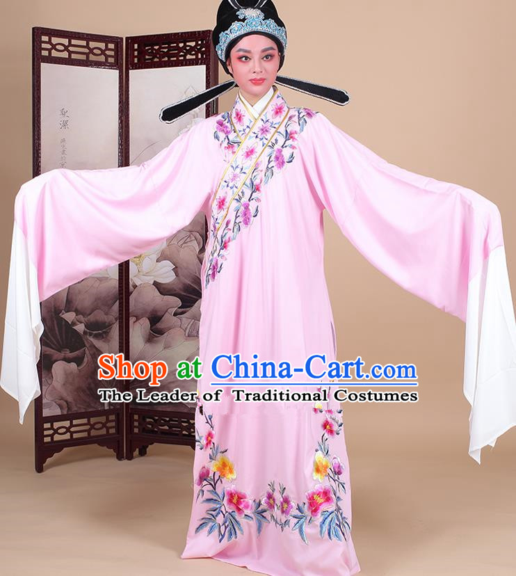 Traditional China Beijing Opera Niche Costume Lang Scholar Embroidered Pink Robe and Headwear, Ancient Chinese Peking Opera Embroidery Clothing
