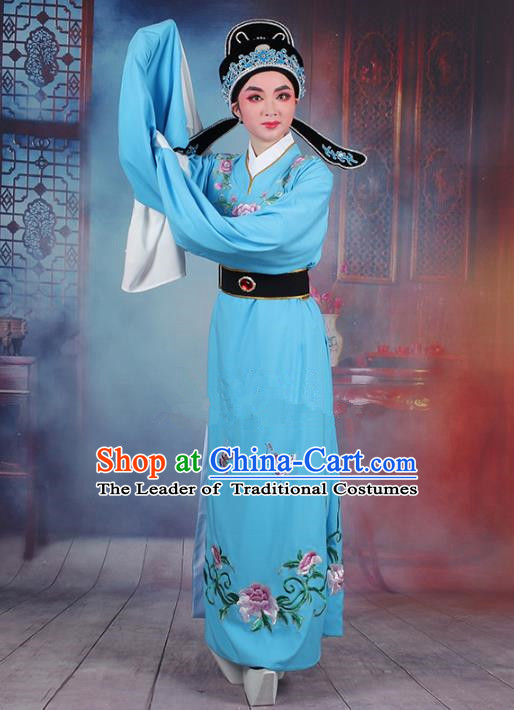 Traditional China Beijing Opera Niche Costume Lang Scholar Embroidered Blue Robe and Headwear, Ancient Chinese Peking Opera Jia Baoyu Embroidery Clothing