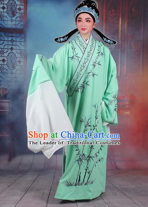 Traditional China Beijing Opera Niche Costume Gifted Scholar Green Embroidered Robe and Headwear, Ancient Chinese Peking Opera Embroidery Bamboo Clothing