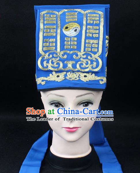 Traditional China Beijing Opera Hair Accessories Lao-Sheng Hat, Ancient Chinese Peking Opera Blue Embroidery Gossip Hat
