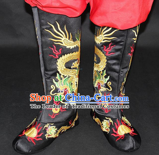 Traditional China Beijing Opera Qing Dynasty Emperor Embroidered Shoes, Ancient Chinese Peking Opera Embroidery Dragons Black Boots