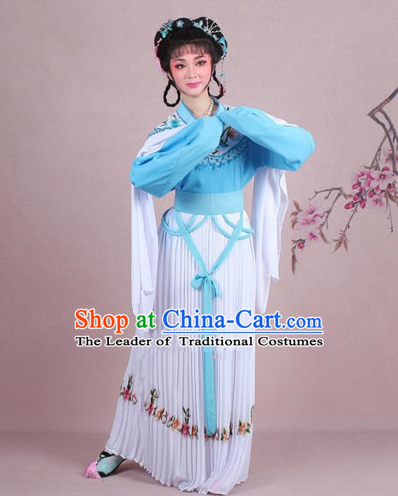 Traditional China Beijing Opera Young Lady Costume A Dream in Red Mansions Maidservants Embroidered Blue Dress, Ancient Chinese Peking Opera Hua Tan Embroidery Clothing