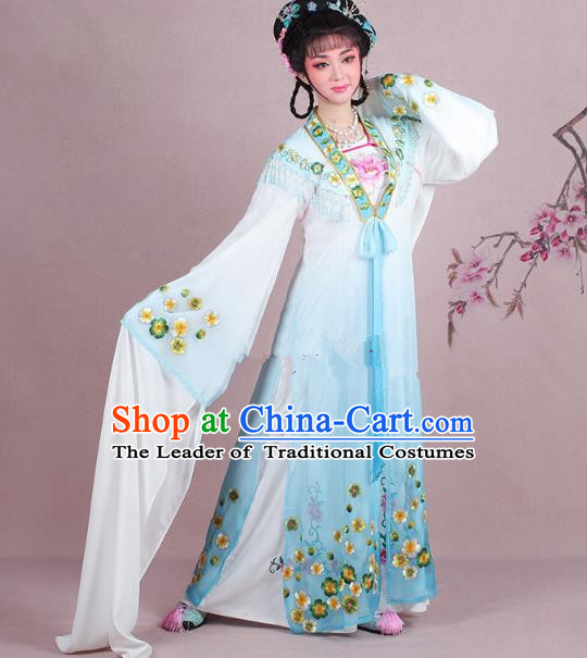 Traditional China Beijing Opera Young Lady Costume Embroidered Blue Fairy Dress, Ancient Chinese Peking Opera Diva Embroidery Plum Blossom Clothing