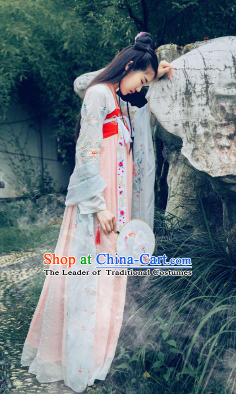 Traditional Chinese Tang Dynasty Princess Dance Costume, Elegant Hanfu Clothing Chinese Ancient Young Lady Embroidery Dress Clothing