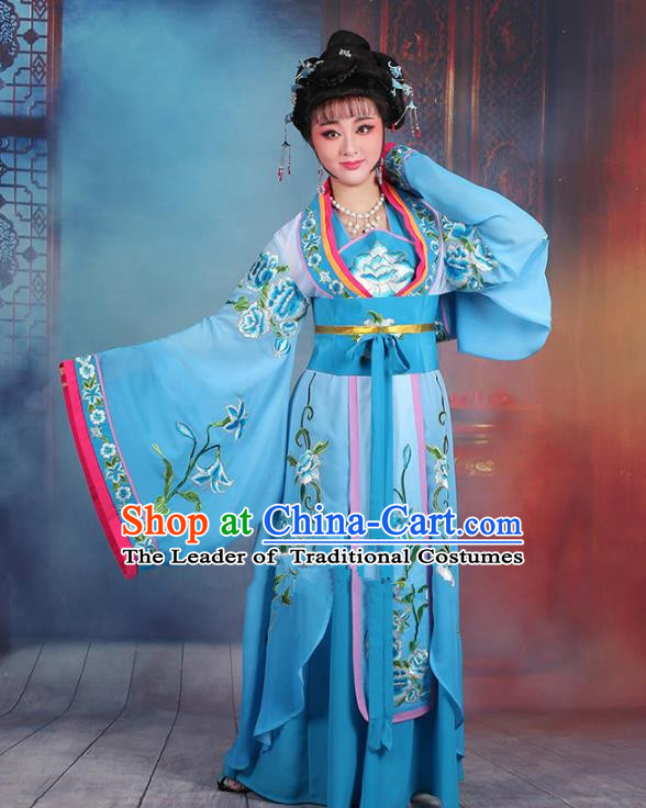 Traditional China Beijing Opera Palace Lady Hua Tan Costume Blue Embroidered Dress, Ancient Chinese Peking Opera Diva Princess Embroidery Clothing