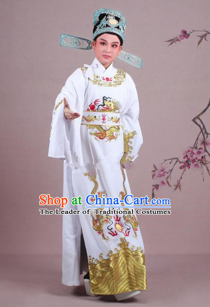 Traditional China Beijing Opera Niche Costume Lang Scholar White Embroidered Robe and Hat, Ancient Chinese Peking Opera Emperor Son-in-law Embroidery Gwanbok Clothing