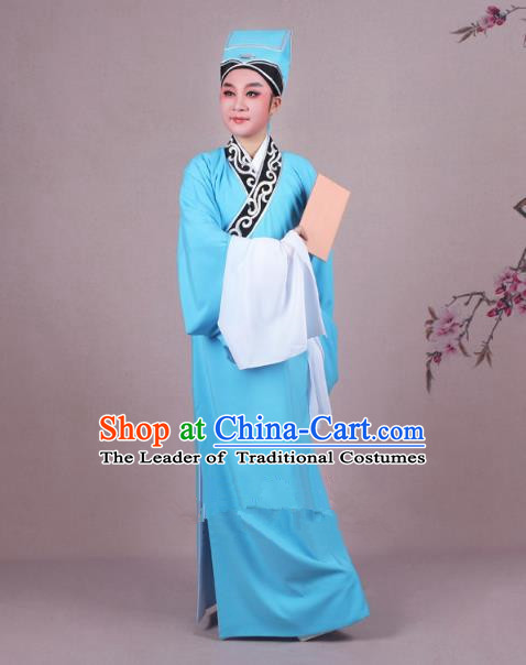 Traditional China Beijing Opera Niche Costume Scholar Embroidered Blue Robe and Headwear, Ancient Chinese Peking Opera Young Men Clothing
