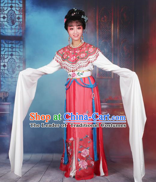 Traditional China Beijing Opera Young Lady Hua Tan Costume Red Embroidered Dress, Ancient Chinese Peking Opera Diva Senior Concubine Embroidery Peony Clothing