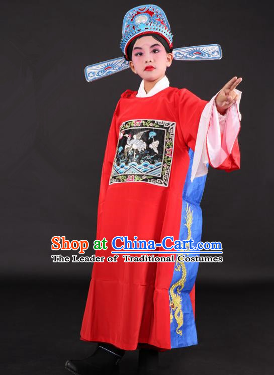 Traditional China Beijing Opera Niche Costume Lang Scholar Embroidered Robe and Hat, Ancient Chinese Peking Opera Embroidery Gwanbok for Kids