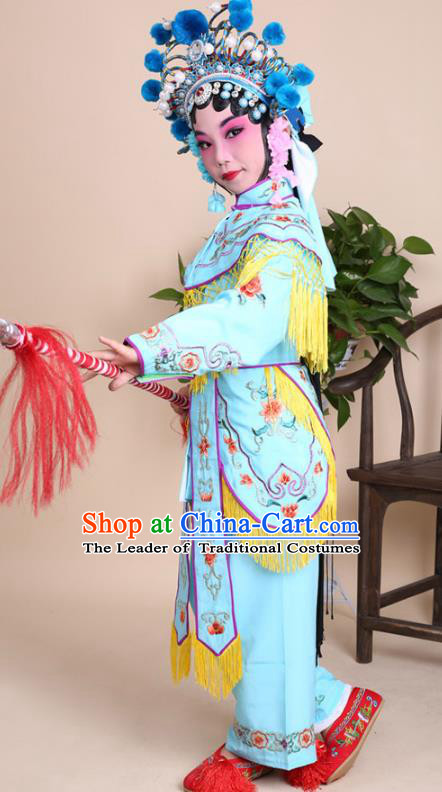 Traditional China Beijing Opera Swordplay Costume Female Warriors Blue Embroidered Robe with Cloak, Ancient Chinese Peking Opera Blues Embroidery Clothing for Kids