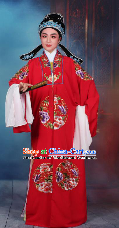 Top Grade Professional Beijing Opera Niche Costume Scholar Red Embroidered Robe and Headwear, Traditional Ancient Chinese Peking Opera Embroidery Young Men Clothing
