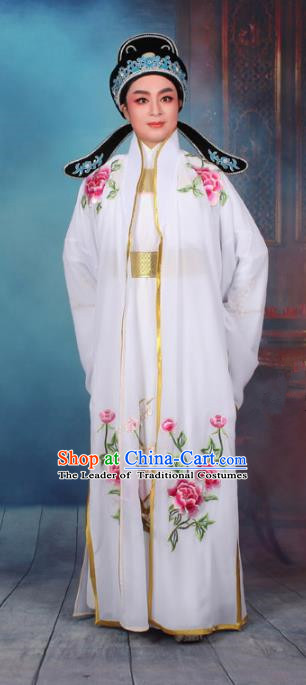 Top Grade Professional Beijing Opera Niche Costume Scholar White Embroidered Cape, Traditional Ancient Chinese Peking Opera Embroidery Young Men Clothing