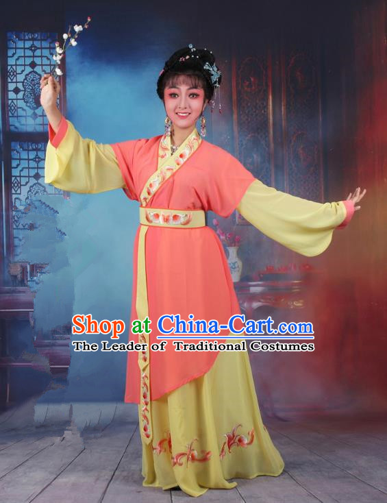 Top Grade Professional Beijing Opera Young Lady Costume Servant Girl Orange Embroidered Dress, Traditional Ancient Chinese Peking Opera Maidservants Embroidery Clothing