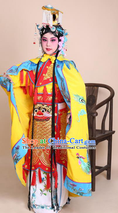 Traditional China Beijing Opera Swordplay Costume Female Warriors Yellow Embroidered Robe with Cloak, Ancient Chinese Peking Opera Blues Embroidery Clothing for Kids