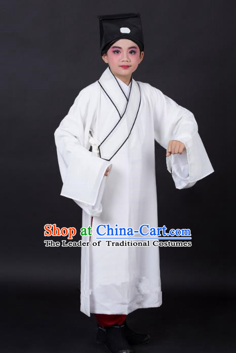 Traditional China Beijing Opera Niche Costume Scholar White Robe and Headwear, Ancient Chinese Peking Opera Young Men Clothing for Kids