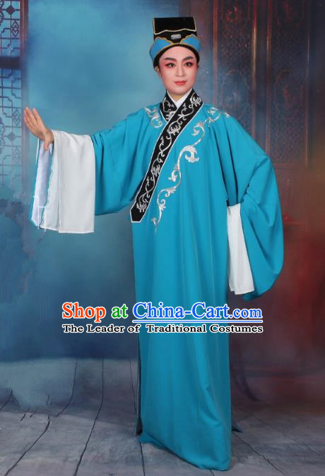 Top Grade Professional Beijing Opera Niche Costume Scholar Blue Robe and Hat, Traditional Ancient Chinese Peking Opera Embroidery Clothing