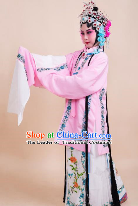 Top Grade Professional China Beijing Opera Costume Pink Embroidered Dress, Ancient Chinese Peking Opera Diva Hua Tan Embroidery Phoenix Clothing for Kids