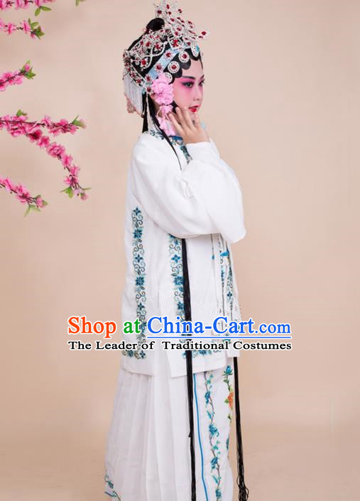 Top Grade Professional China Beijing Opera Costume White Embroidered Dress, Ancient Chinese Peking Opera Diva Hua Tan Embroidery Phoenix Clothing for Kids