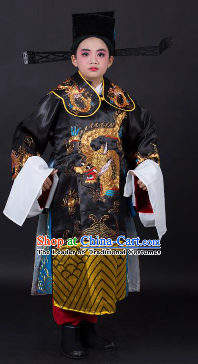 Traditional China Beijing Opera Costume Prime Minister Embroidered Robe and Headwear, Ancient Chinese Peking Opera Bao Zheng Embroidery Gwanbok Clothing for Kids